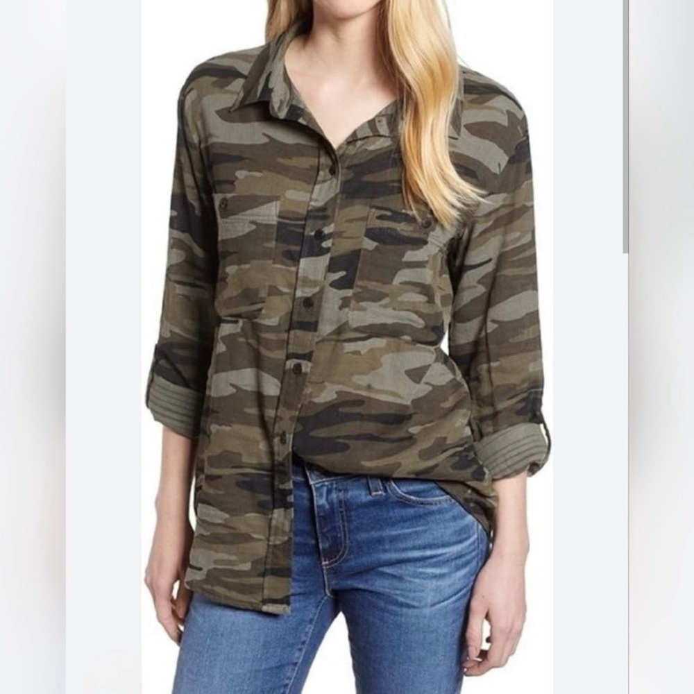 Sanctuary Olive Camouflage Boyfriend Shirt great condition size M.